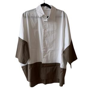 Eskandar Oversized Cotton White + Brown Colorblock Tunic Button Down Shirt Flaw